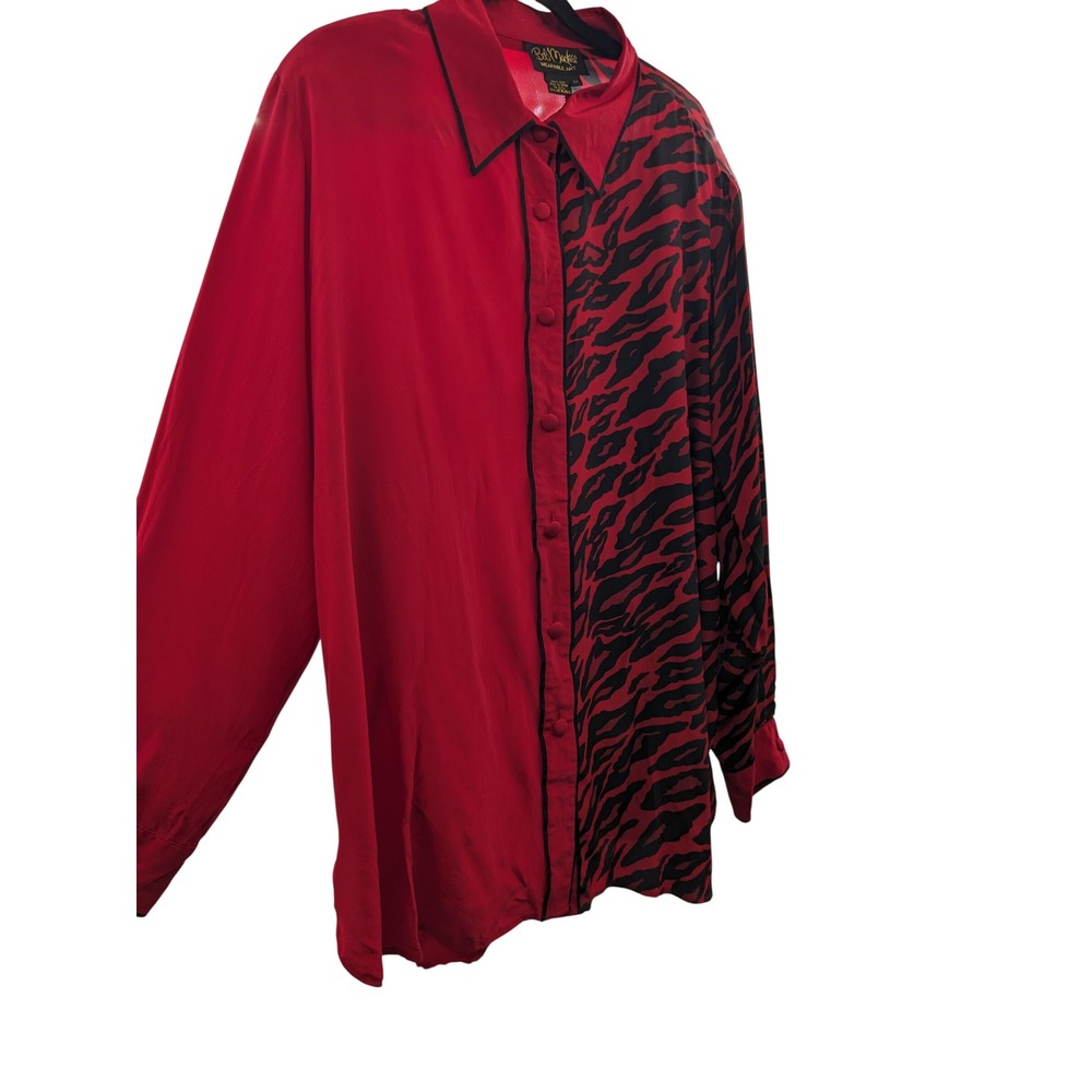 Vintage Bob Mackie Wearable Art 100% Silk Blouse Red Black Zebra Print Plus 2X